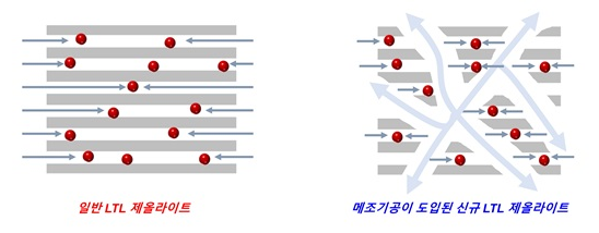일반적인 LTL 제올라이트와 메조기공이 도입된 신규 LTL 제올라이트의 분자확산 모식도 [사진=KAIST]