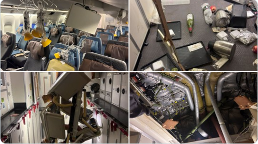 심한 난기류를 만나 방콕에 비상 착륙해야 했던 싱가포르항공 SQ321편의 파손된 내부 모습. 이 사고로한 명이 사망했다. [사진=로이터 통신]