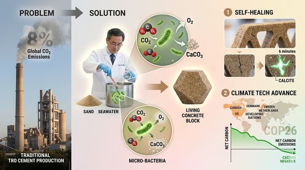 이른바 ‘살아있는 콘크리트(Living Concrete)’ 또는 ‘생물 콘크리트(Bioconcrete)’라 불리는 이 신소재는 단순한 건축 자재를 넘어 지구 온난화의 해법으로 주목받고 있다.(사진=AI 생성)