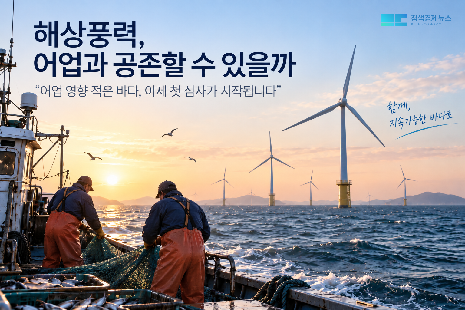 해상풍력 발전단지 인근에서 어업활동을 하는 모습을 형상화한 이미지. AI그래픽=청색경제뉴스